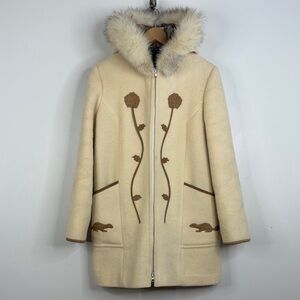 Vintage Wool Coat Womens Medium Cream Wool Fur Trim Beaver Plaid Lined Canada